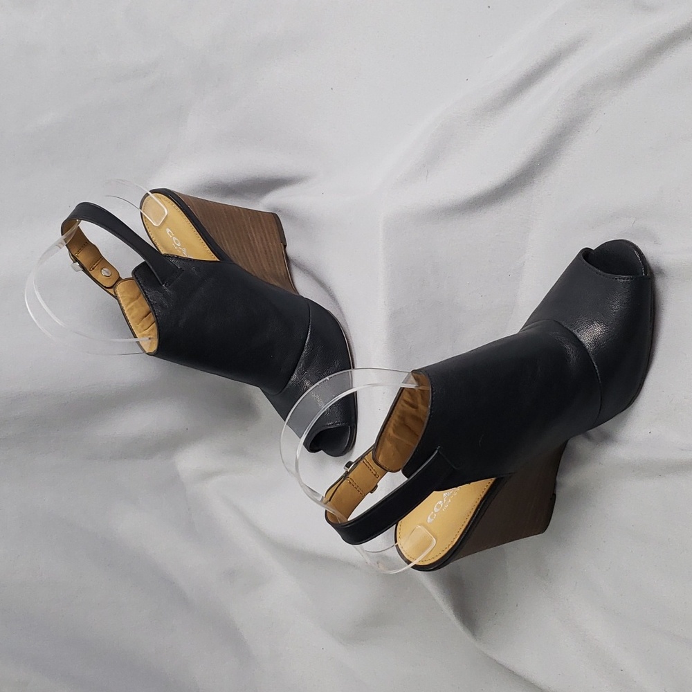 Coach Lindsay Wedge Heels Womens Size 6.5B Leather Black Sling Back Open Toe
